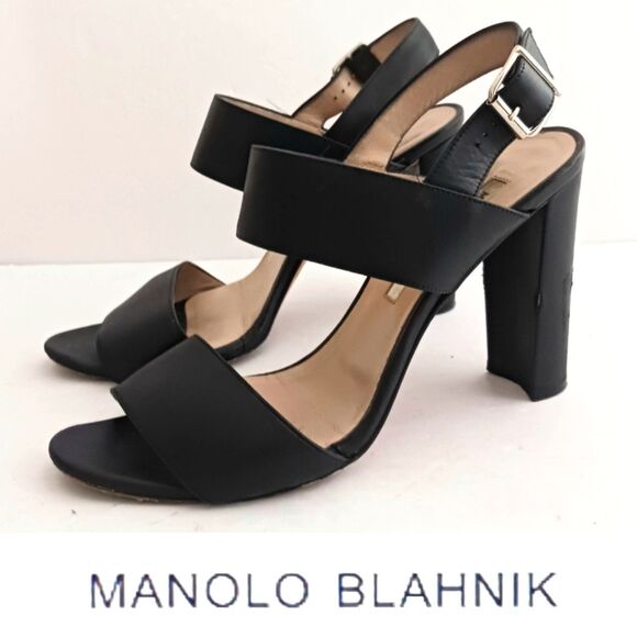 Manolo Blahnik Khan Blk Calfskin Leather Slingback Heeled Sandal EU 37.5 US 7.5 - Picture 1 of 13
